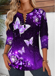 Modlily Purple Tuck Stitch Butterfly Print Long Sleeve Blouse - M