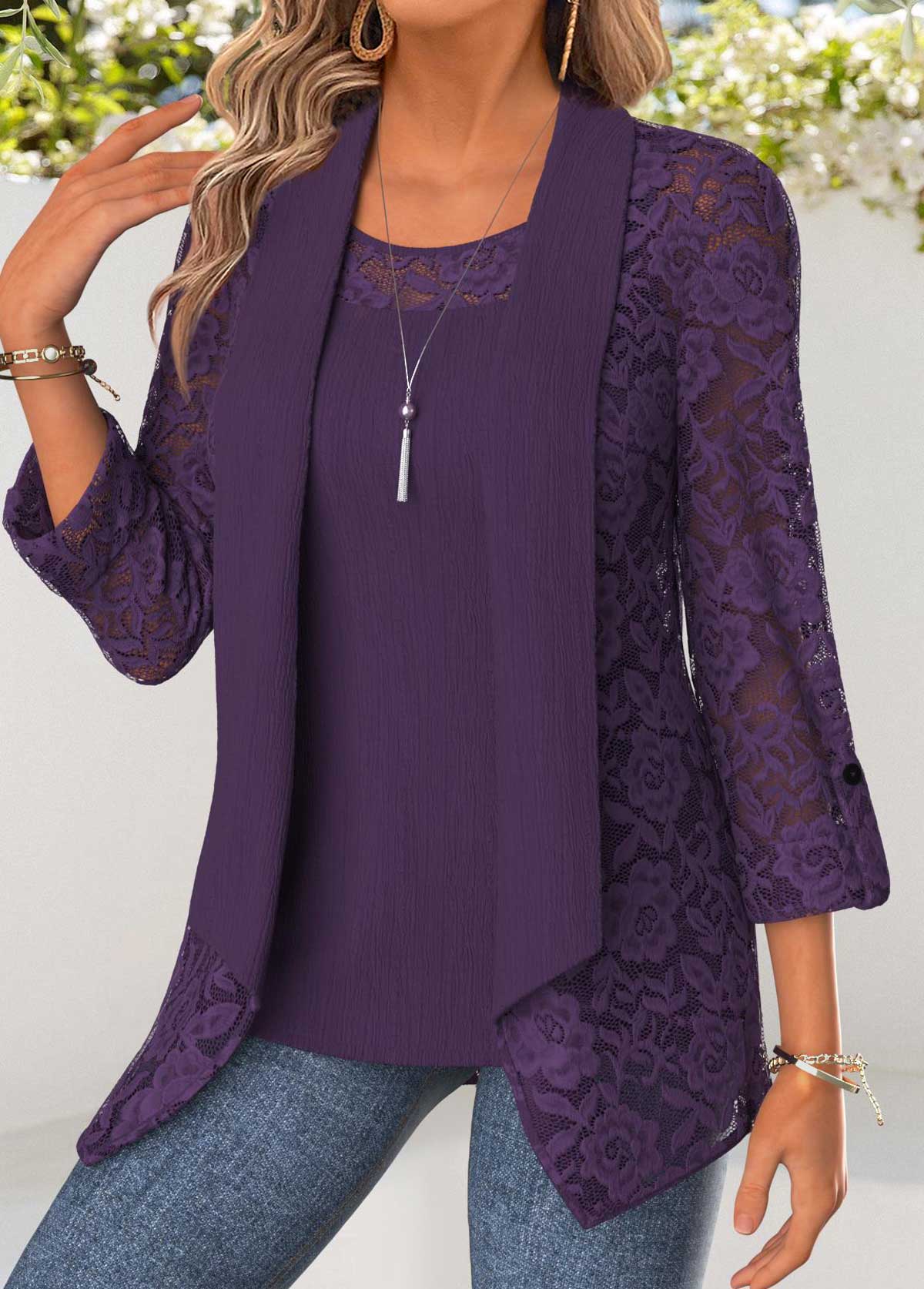 Modlily Purple Tummy Coverage 3/4 Sleeve Cardigan and Tank Top - S