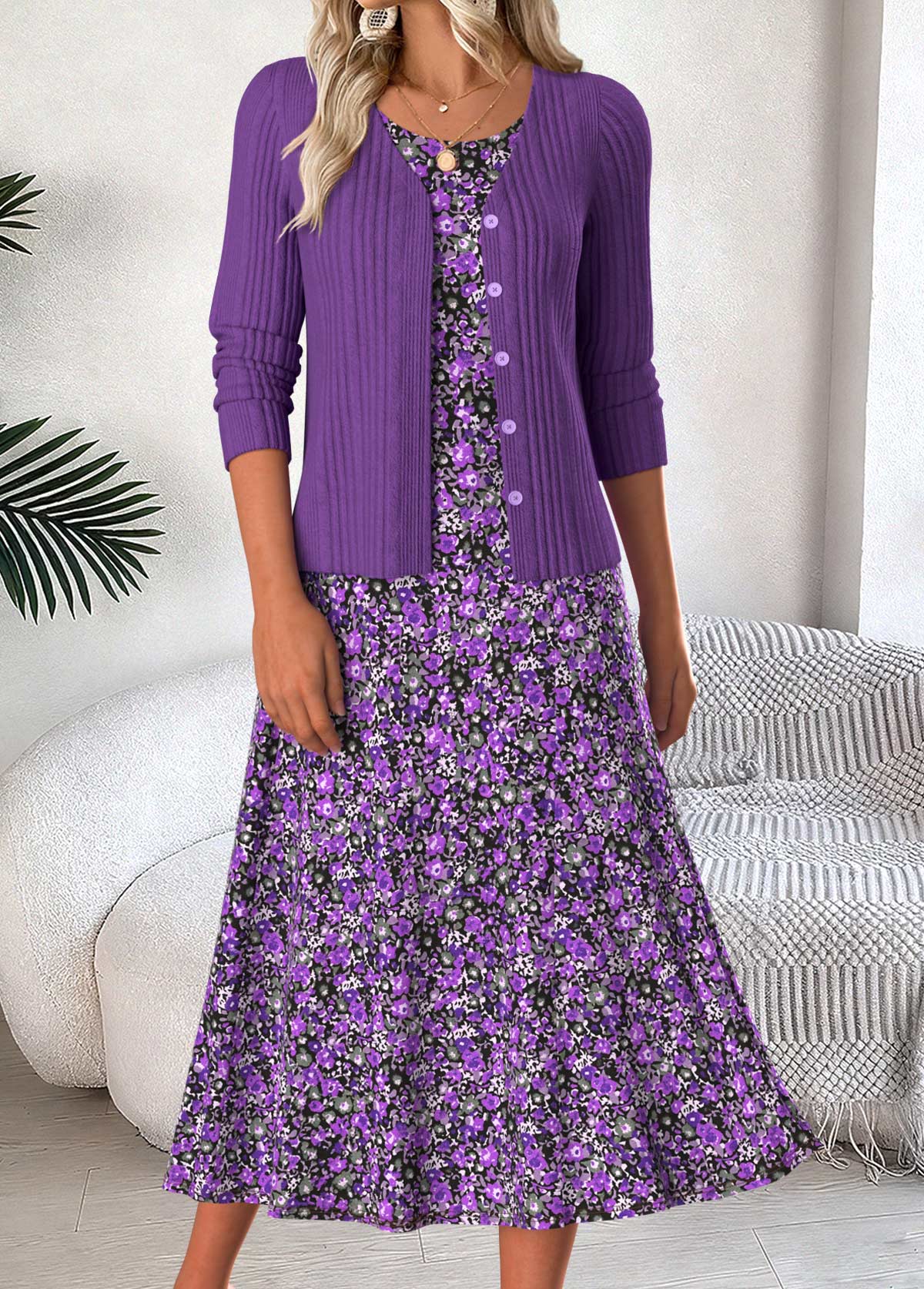 Modlily Purple Tummy Coverage Ditsy Floral Print Dress and Cardigan - S