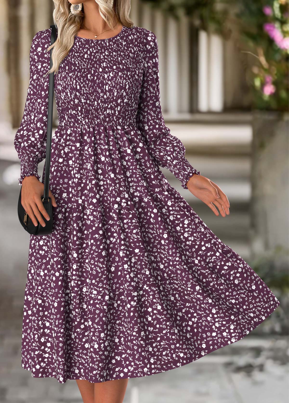Modlily Purple Tummy Coverage Ditsy Floral Print Long Sleeve Dress - L
