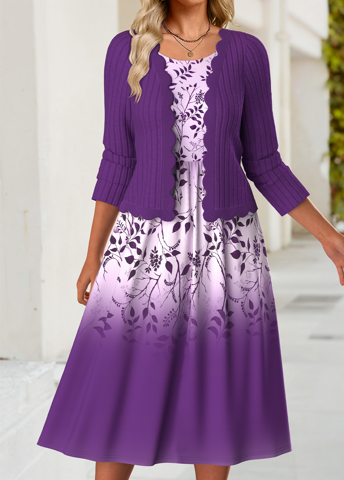 Modlily Purple Tummy Coverage Floral Print Dress and Cardigan - M