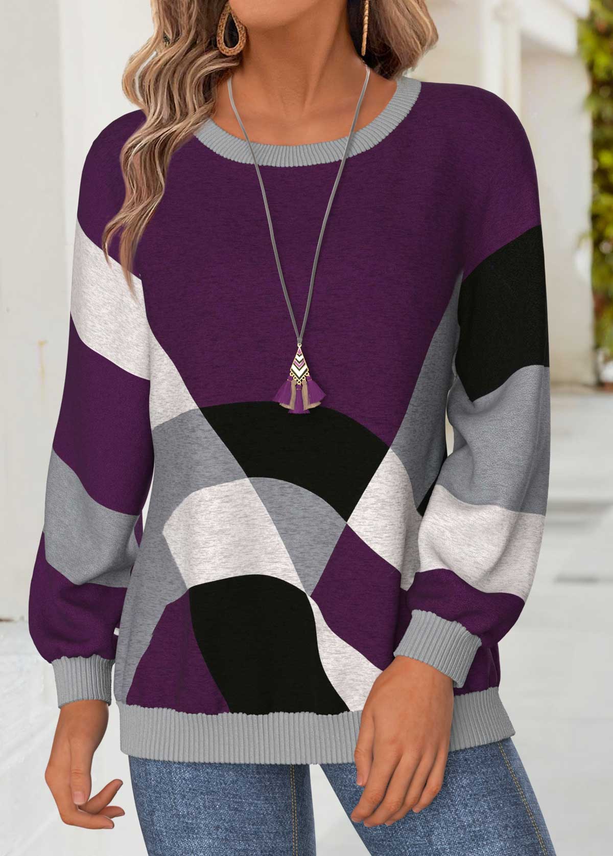 Modlily Purple Tummy Coverage Geometric Print Long Sleeve Sweatshirt - XL