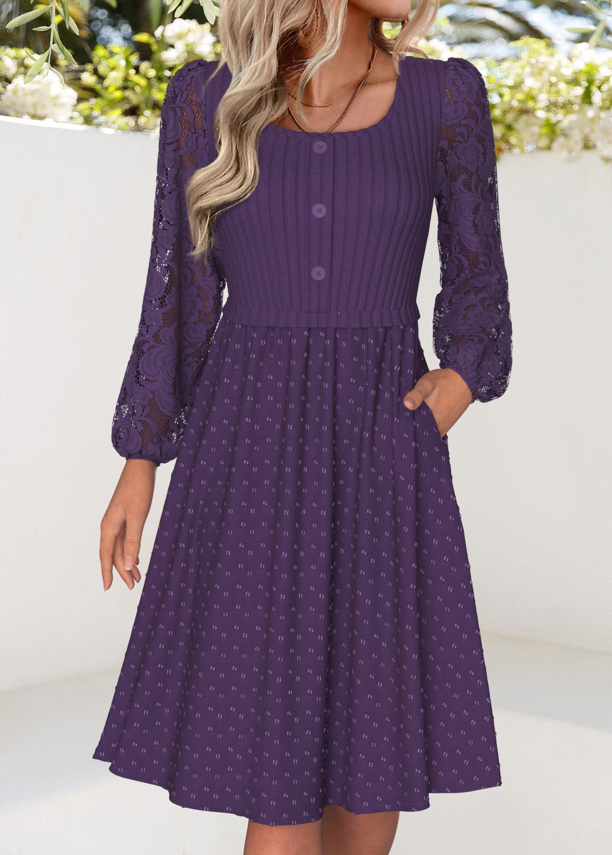 Modlily Purple Tummy Coverage Long Sleeve Square Neck Dress - XL