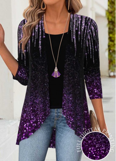 Modlily Purple Tummy Coverage Ombre Long Sleeve Lightweight Cardigan - XXL