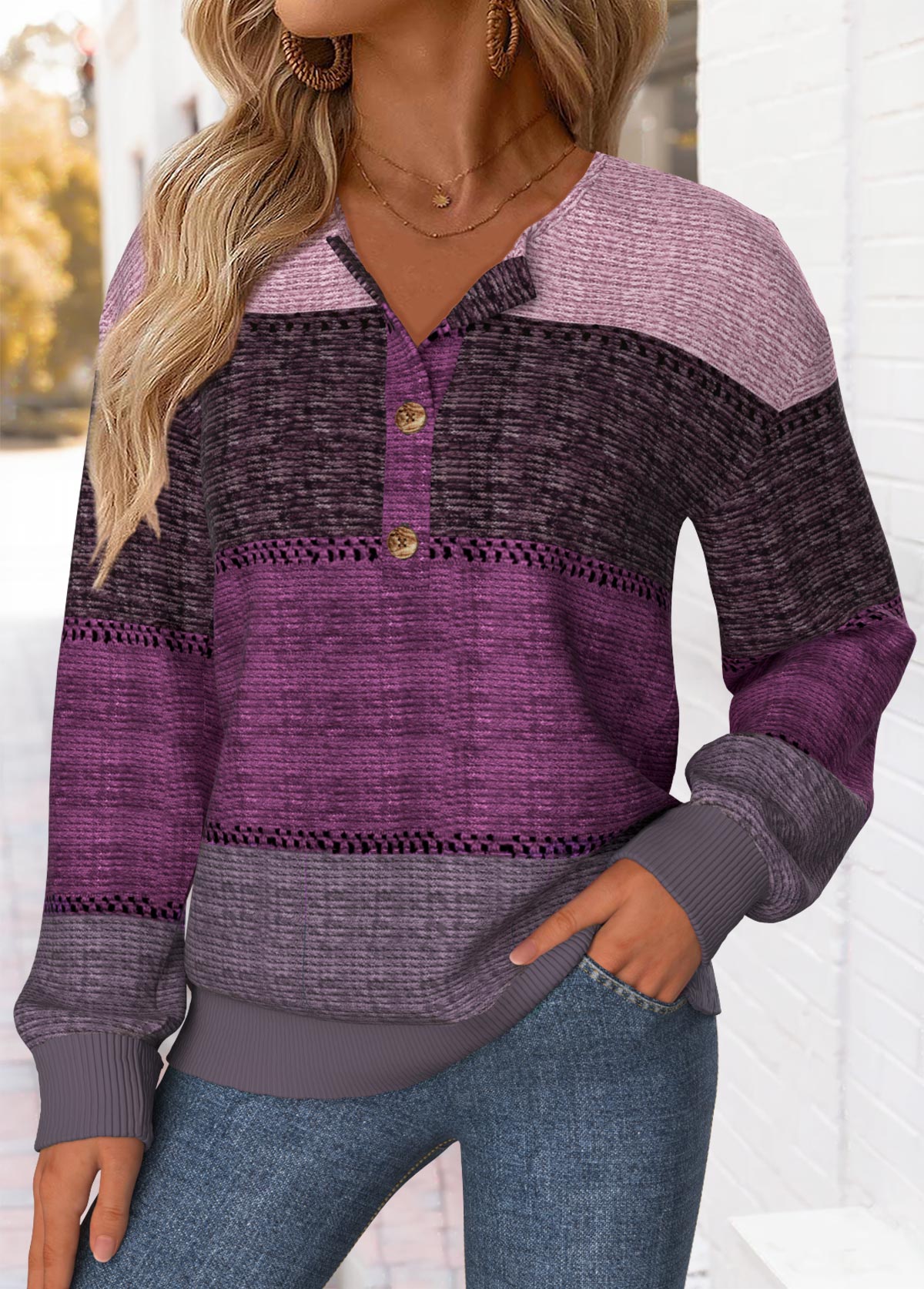Modlily Purple Tummy Coverage Striped Long Sleeve Sweatshirt - S