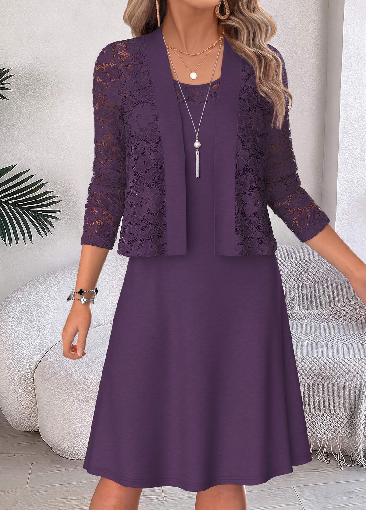 Modlily Purple Two-piece Half Sleeve Round Neck Dress and Cardigan - S