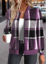 Modlily Purple Zipper Plaid Long Sleeve Stand Collar Jacket - XL