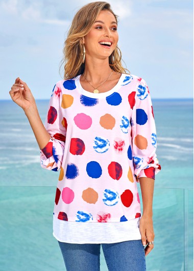 Modlily Rainbow Color Polka Dot Long Sleeve T Shirt - S
