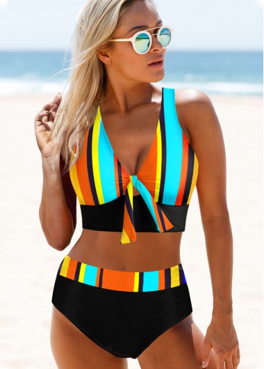 Modlily Rainbow Stripe Criss Cross Back Bikini Set - XXL