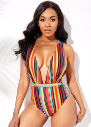 Modlily Rainbow Stripe Halter One Piece Swimwear - XL