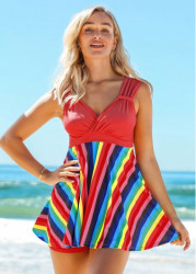 Modlily Rainbow Stripe Wide Strap Mid Waist Swimdress and Shorts - M