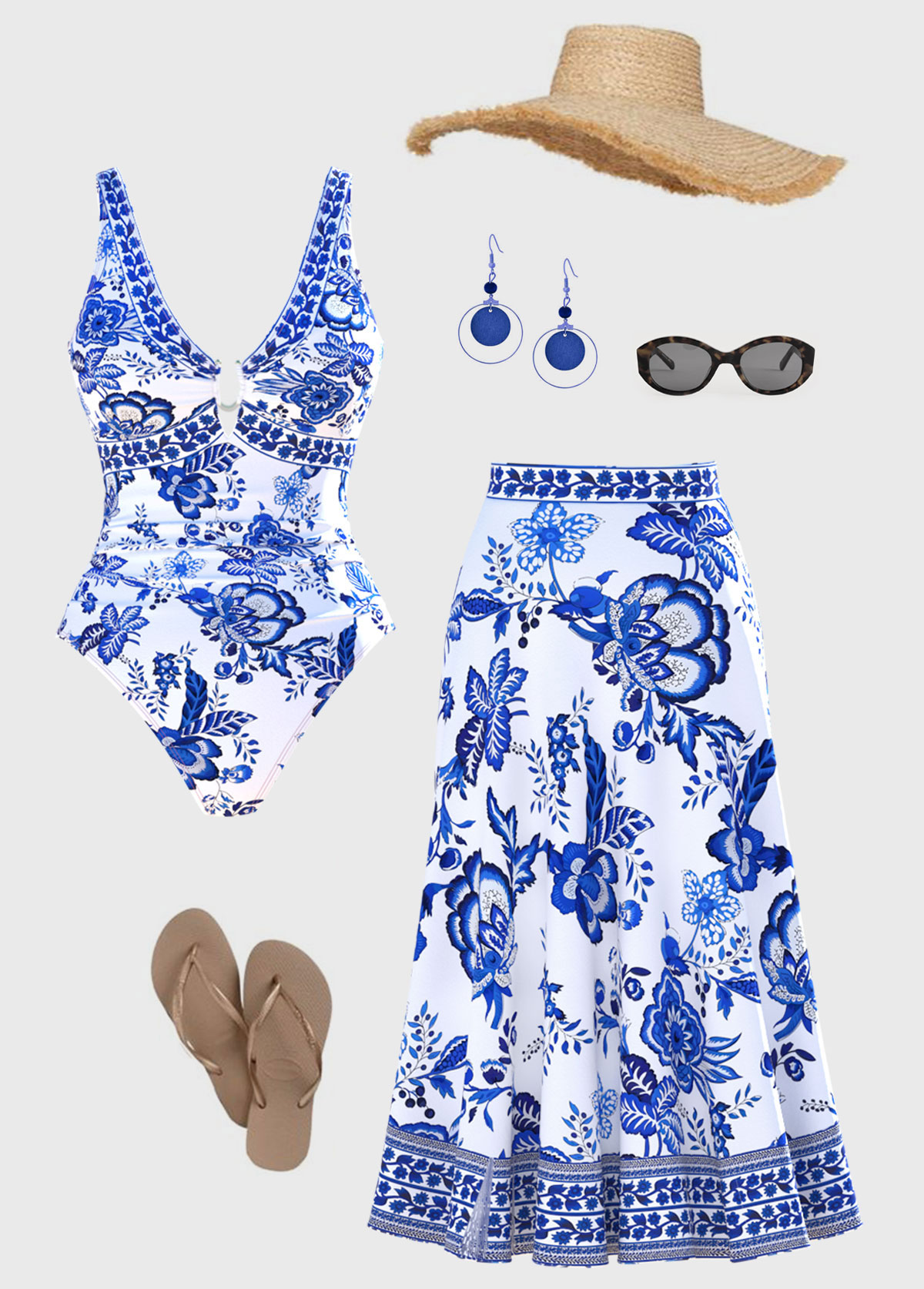 Modlily Random Floral Two-Piece One Piece Swimwear and Skirt - S