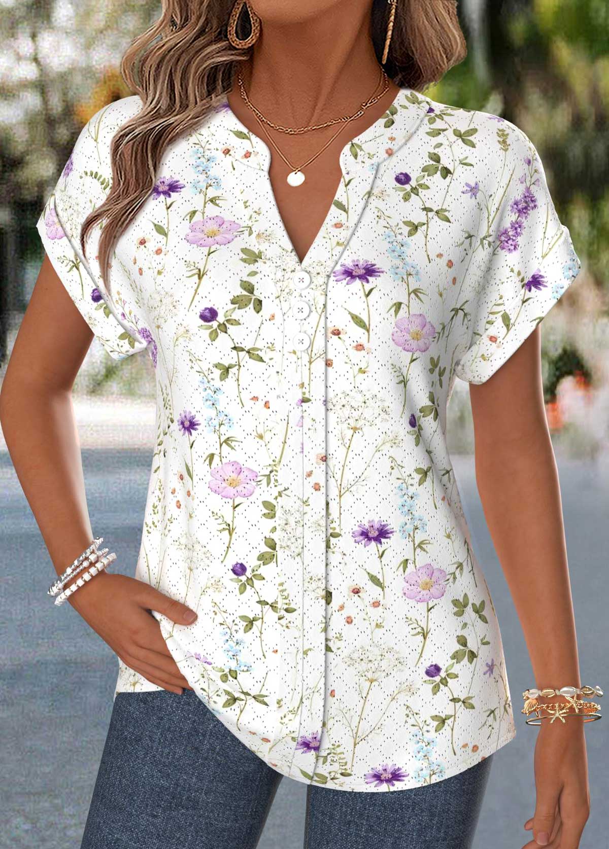 Modlily Raw White Floral Print Curved Hem Short Sleeve Blouse - S