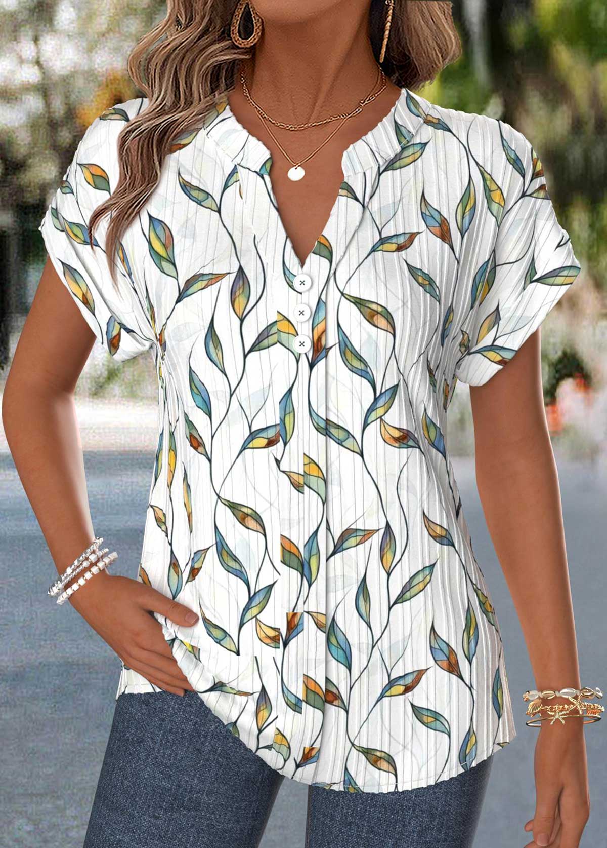 Modlily Raw White Floral Print Patchwork Short Sleeve T Shirt - S