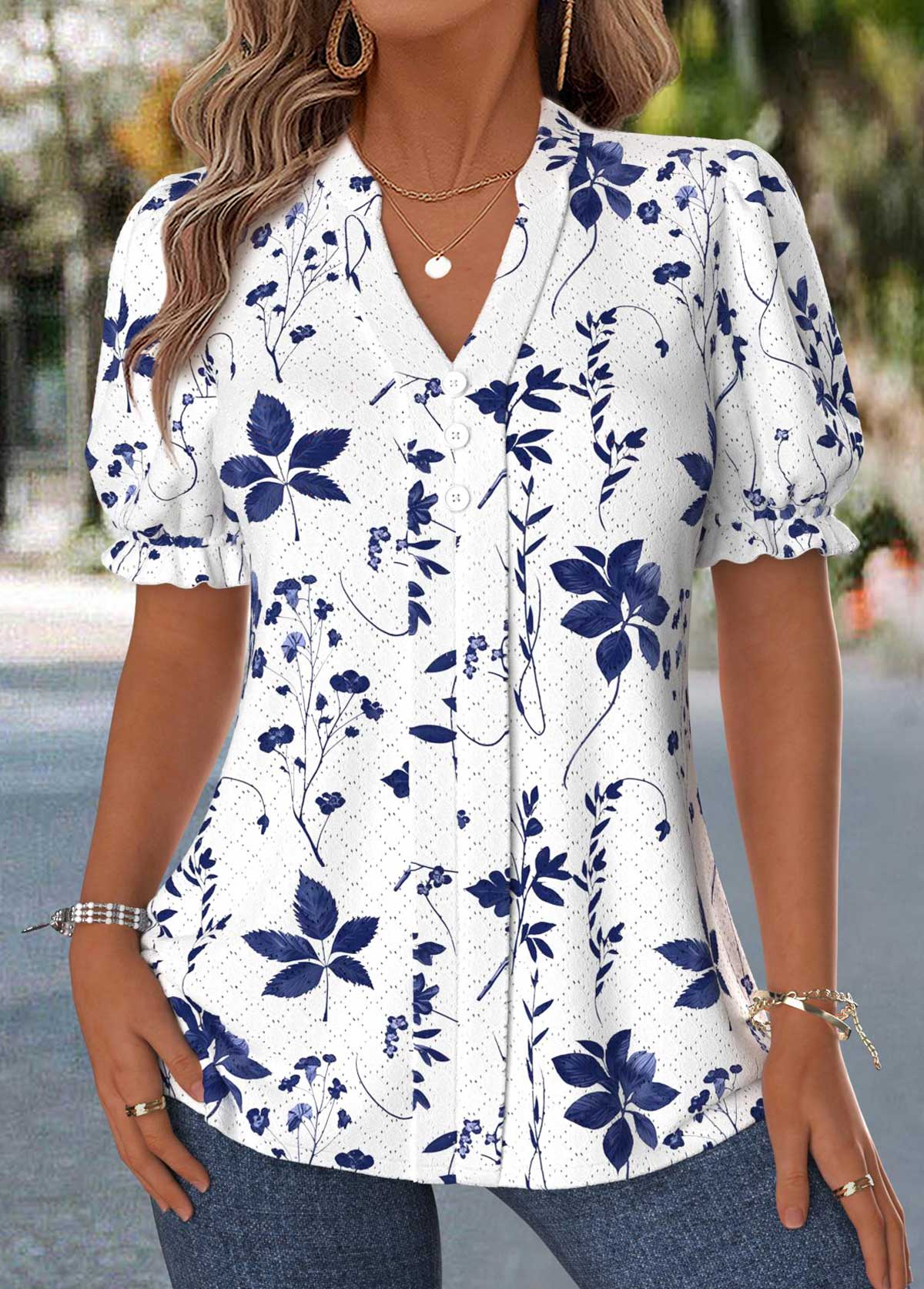 Modlily Raw White Floral Print Tummy Coverage Short Sleeve Blouse - S