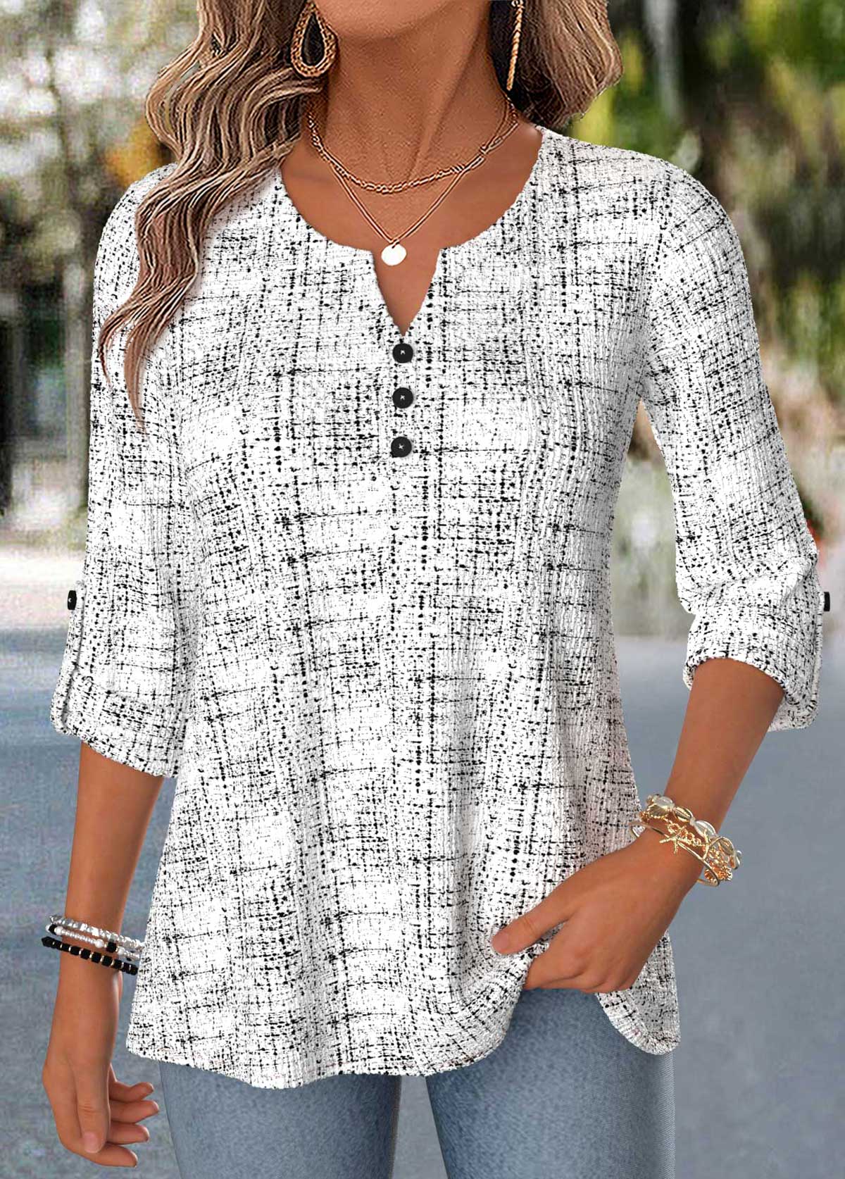 Modlily Raw White Geometric Print Curved Hem 3/4 Sleeve Blouse - S