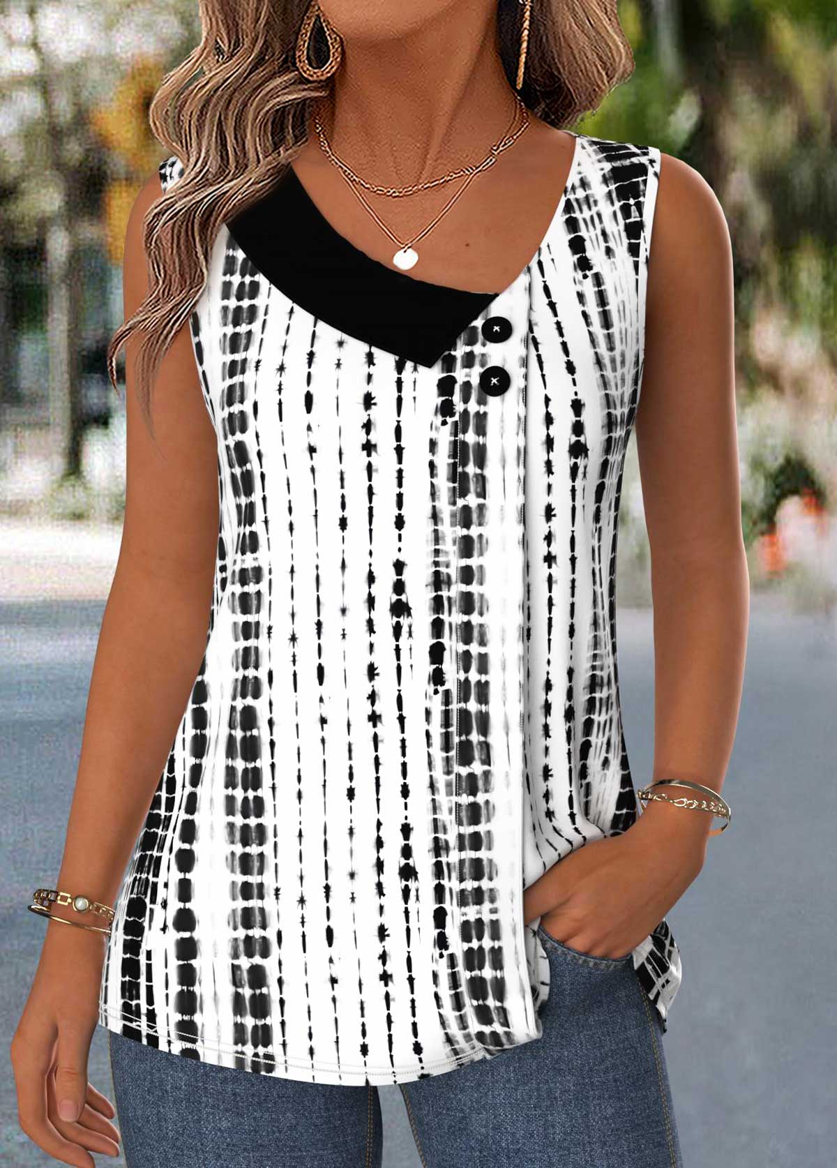 Modlily Raw White Geometric Print Patchwork Sleeveless Tank Top - M