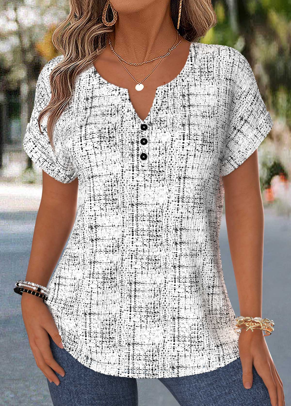 Modlily Raw White Geometric Print Tummy Coverage Short Sleeve Blouse - S