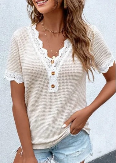 Modlily Raw White Lace Short Sleeve T Shirt - M