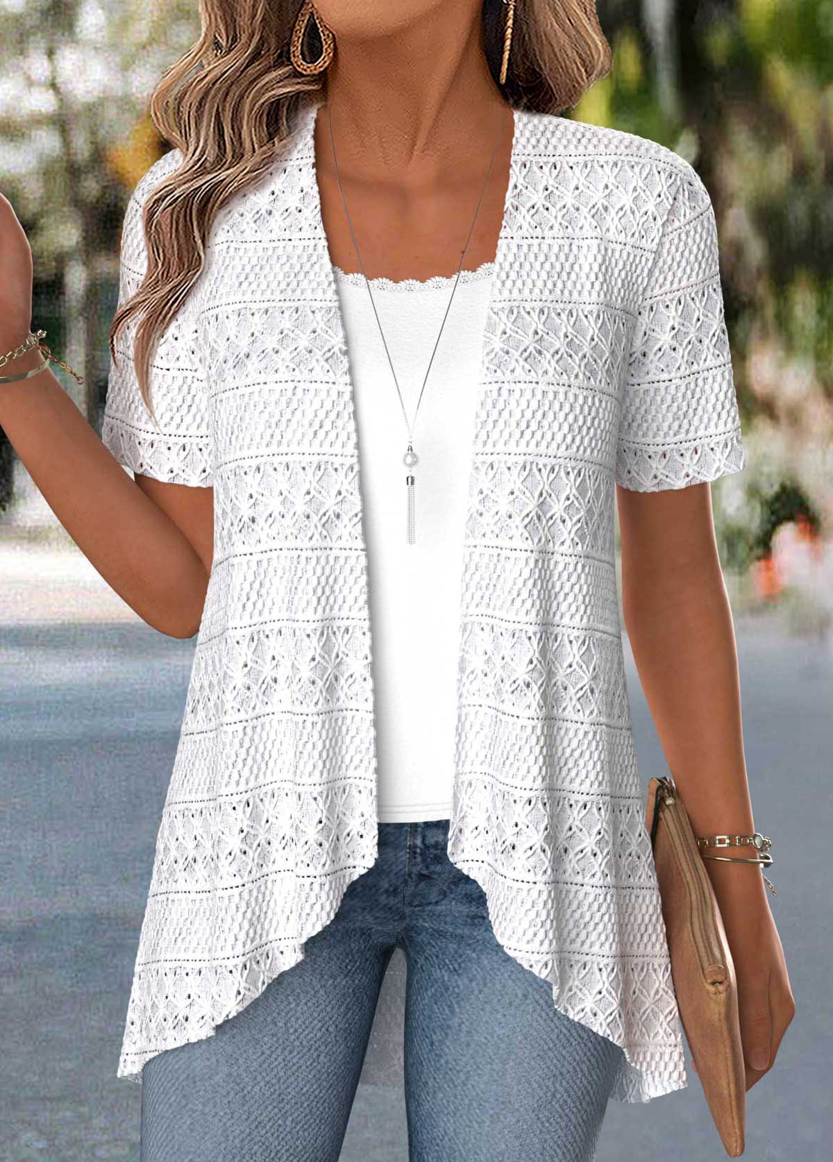 Modlily Raw White Short Sleeve Fake Two Piece Twinset - M