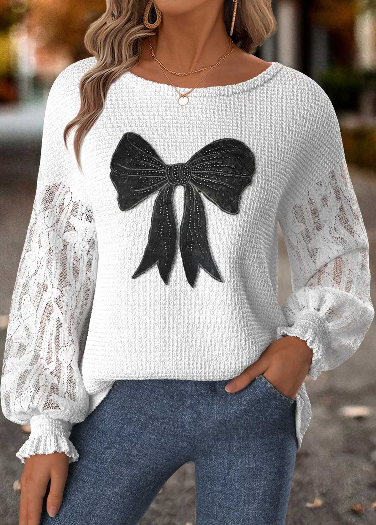 Modlily Raw White Tummy Coverage Geometric Print Long Sleeve Sweatshirt - L