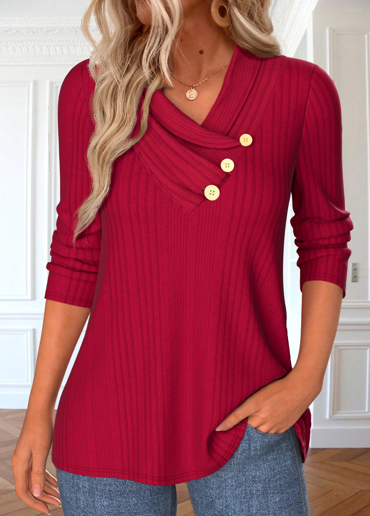 Modlily Red Button Long Sleeve V Neck T Shirt - M