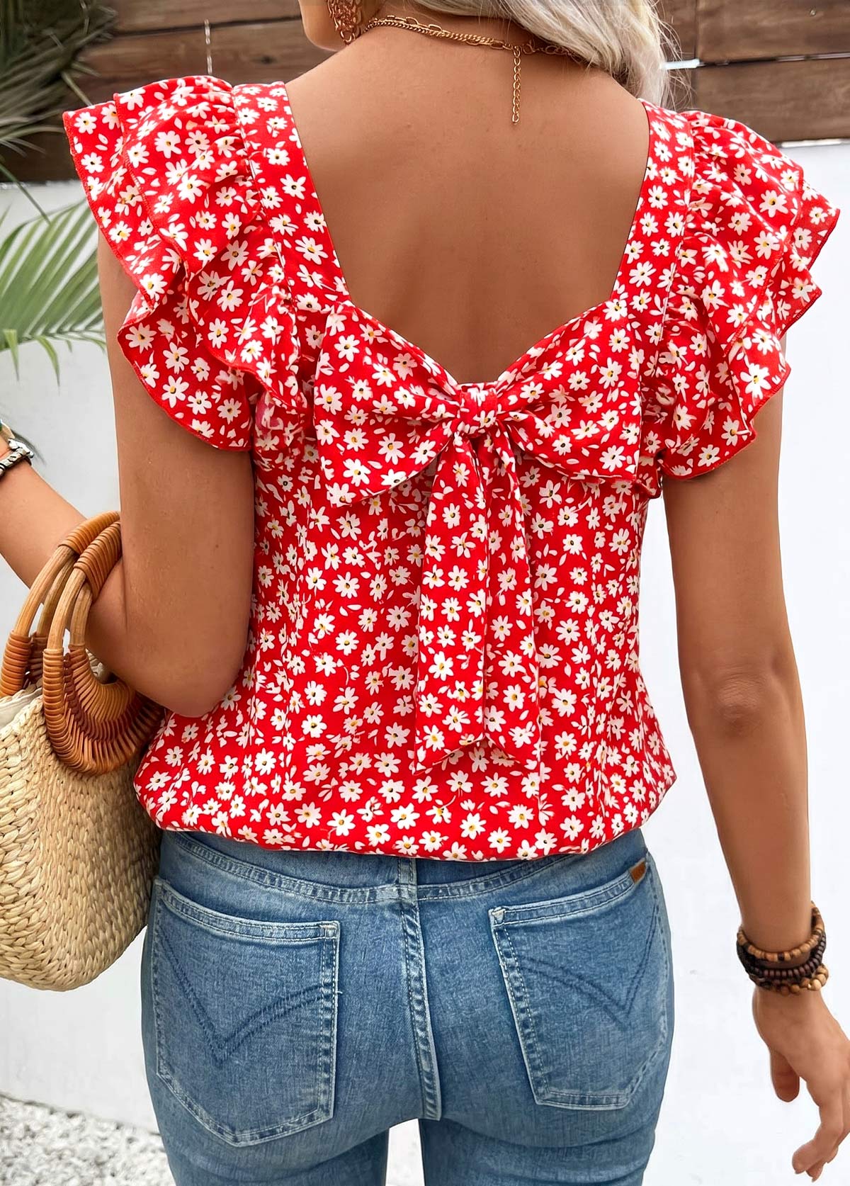 Modlily Red Ditsy Floral Print Bowknot Short Sleeve T Shirt - S