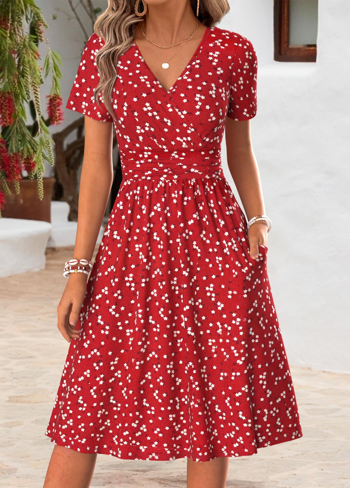 Modlily Red Ditsy Floral Print Double Side Pockets Dress - S