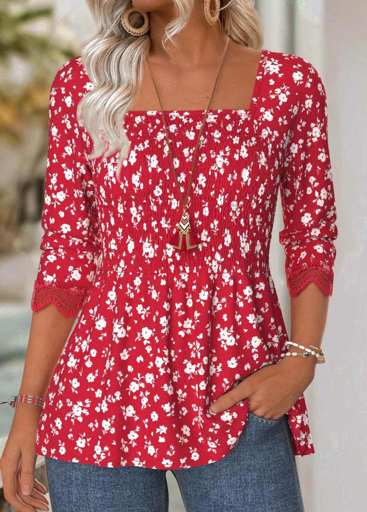 Modlily Red Ditsy Floral Print Long Sleeve Square Neck Blouse - XL