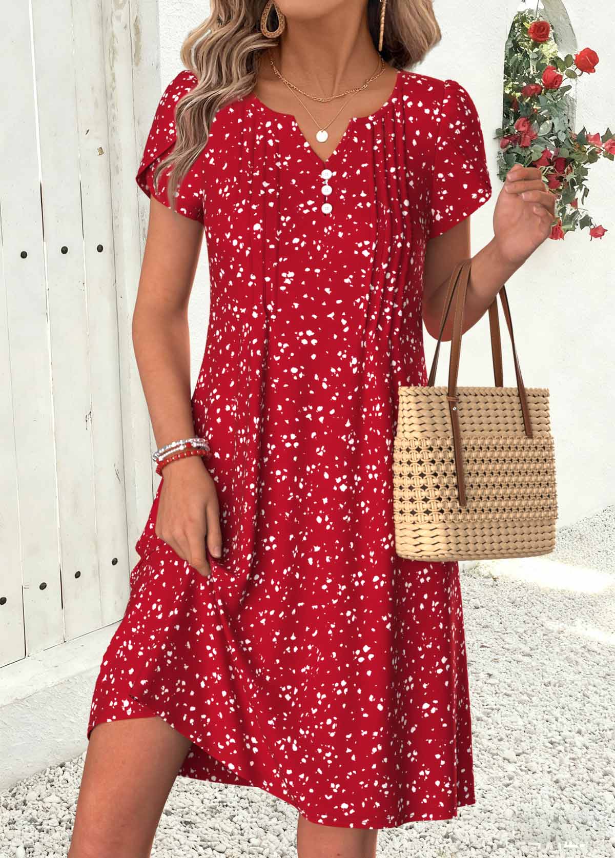 Modlily Red Ditsy Floral Short Tuck Stitch Split Neck Dress - S