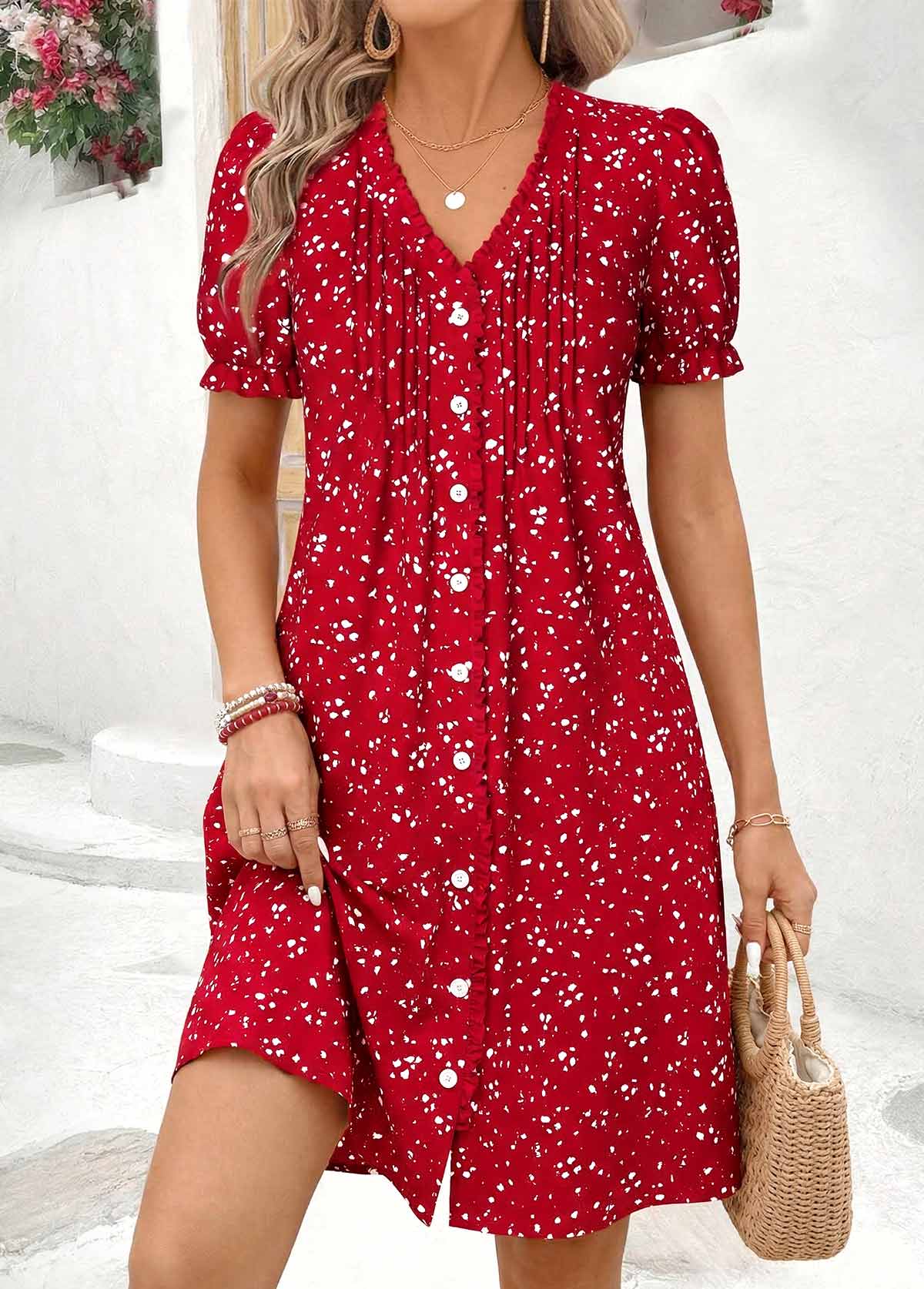 Modlily Red Ditsy Floral Short Tuck Stitch V Neck Dress - M