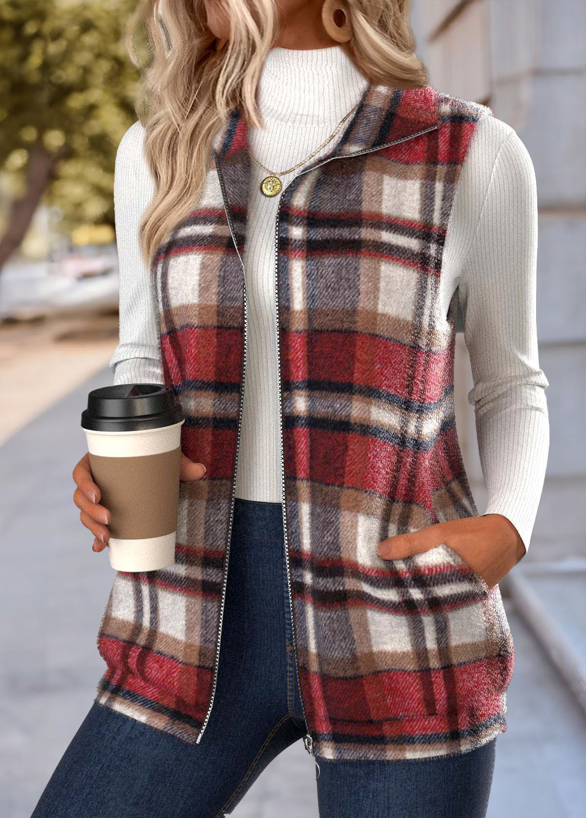 Modlily Red Double Side Pockets Plaid Sleeveless Stand Collar Waistcoat - L