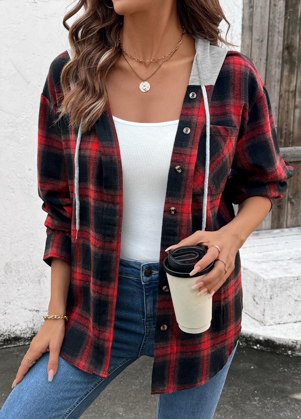 Modlily Red Drawstring Plaid Long Sleeve Hoodie - XL