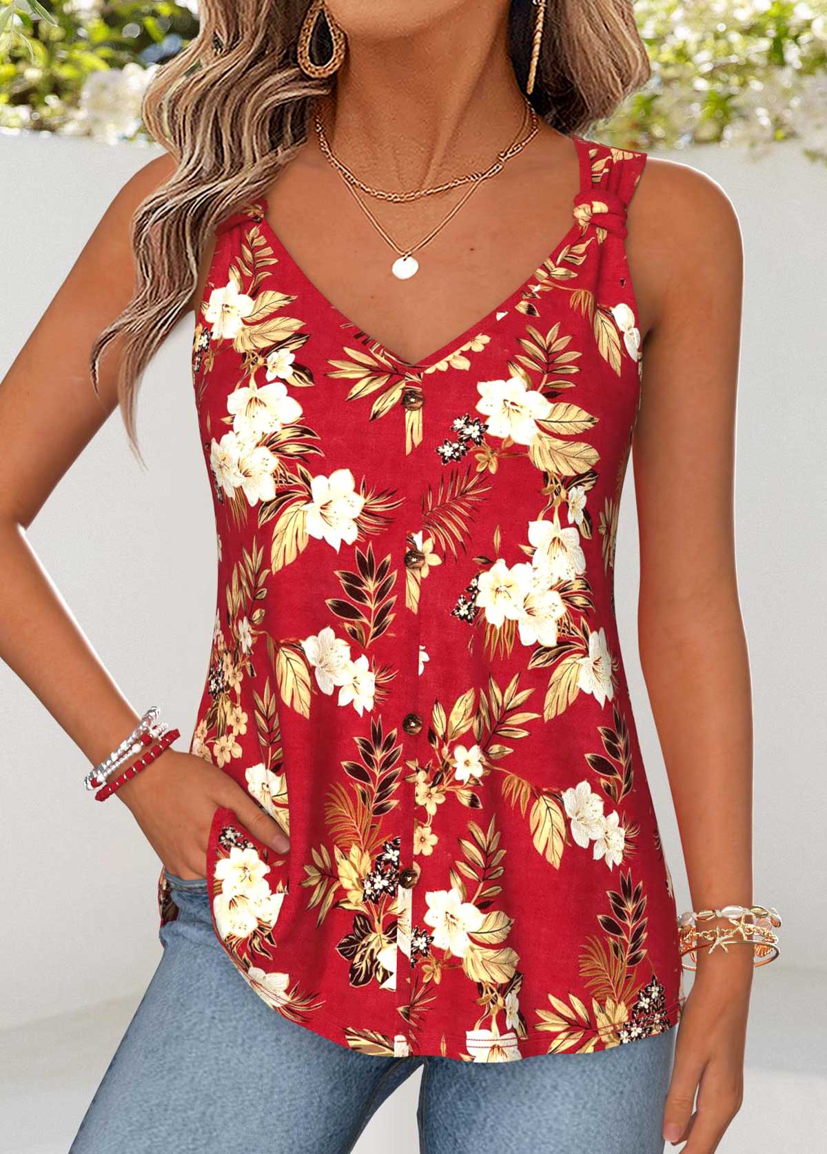 Modlily Red Floral Print Curved Hem Sleeveless Tank Top - S