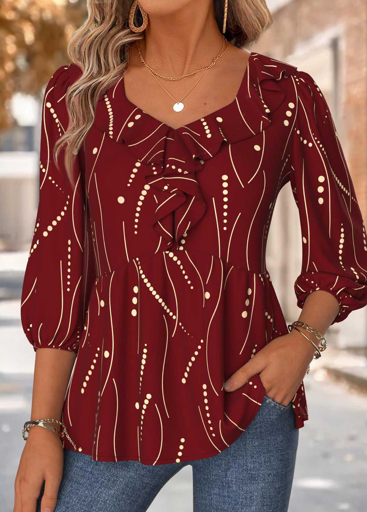 Modlily Red Geometric Print 3/4 Sleeve Heart Collar Blouse - XL