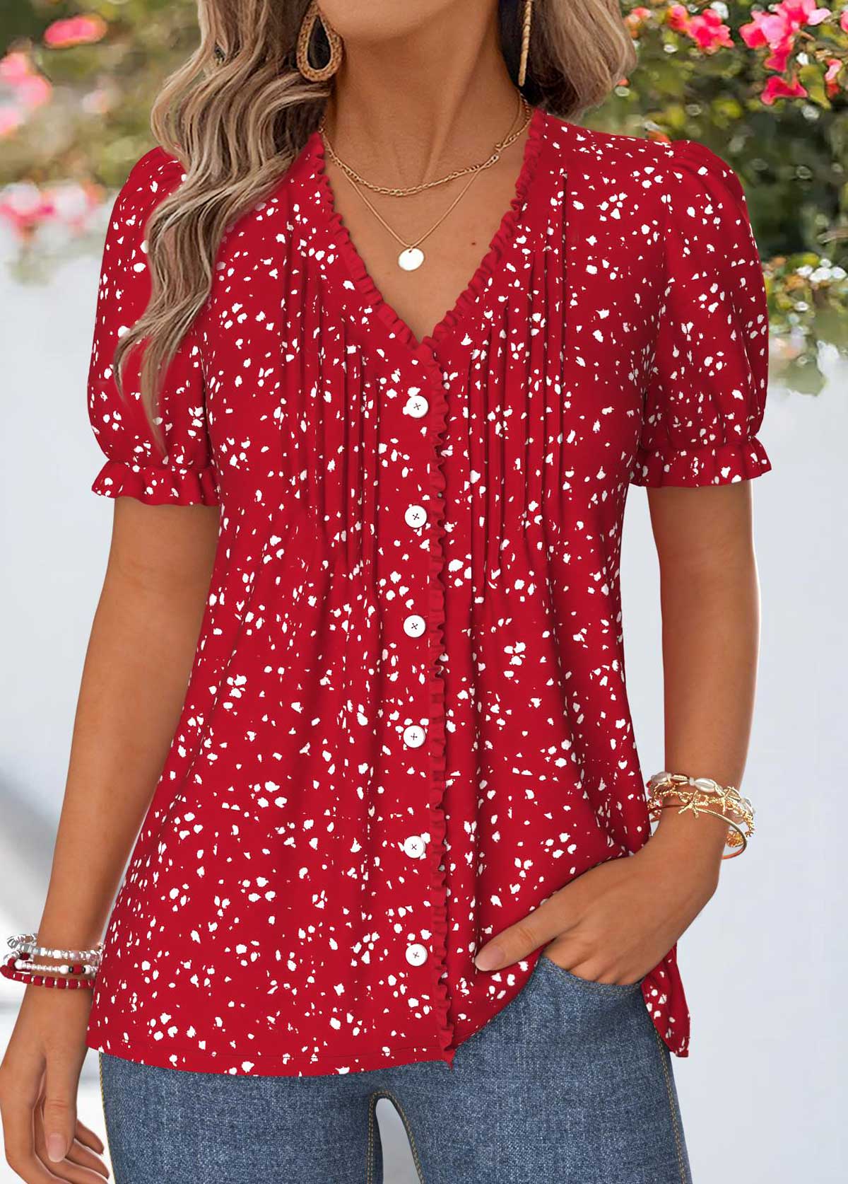 Modlily Red Geometric Print Frill Short Sleeve T Shirt - S