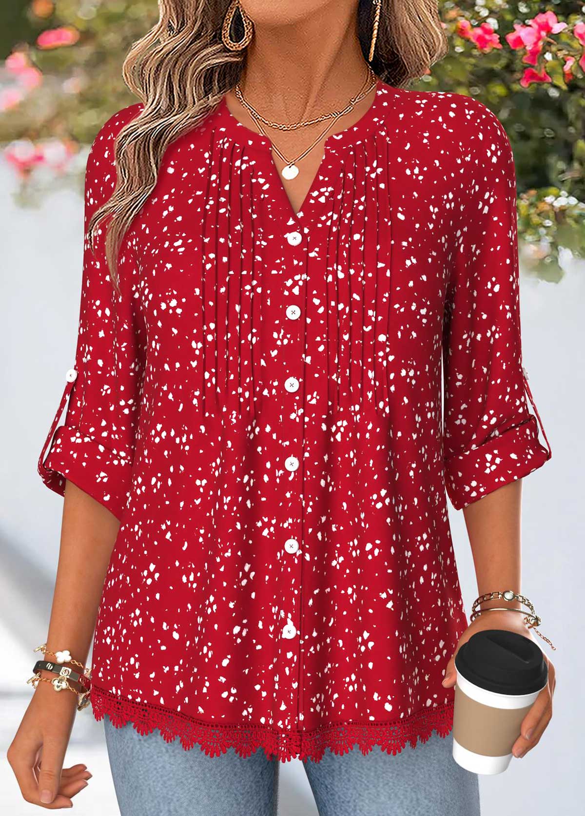 Modlily Red Geometric Print Patchwork 3/4 Sleeve Split Neck Shirt - M