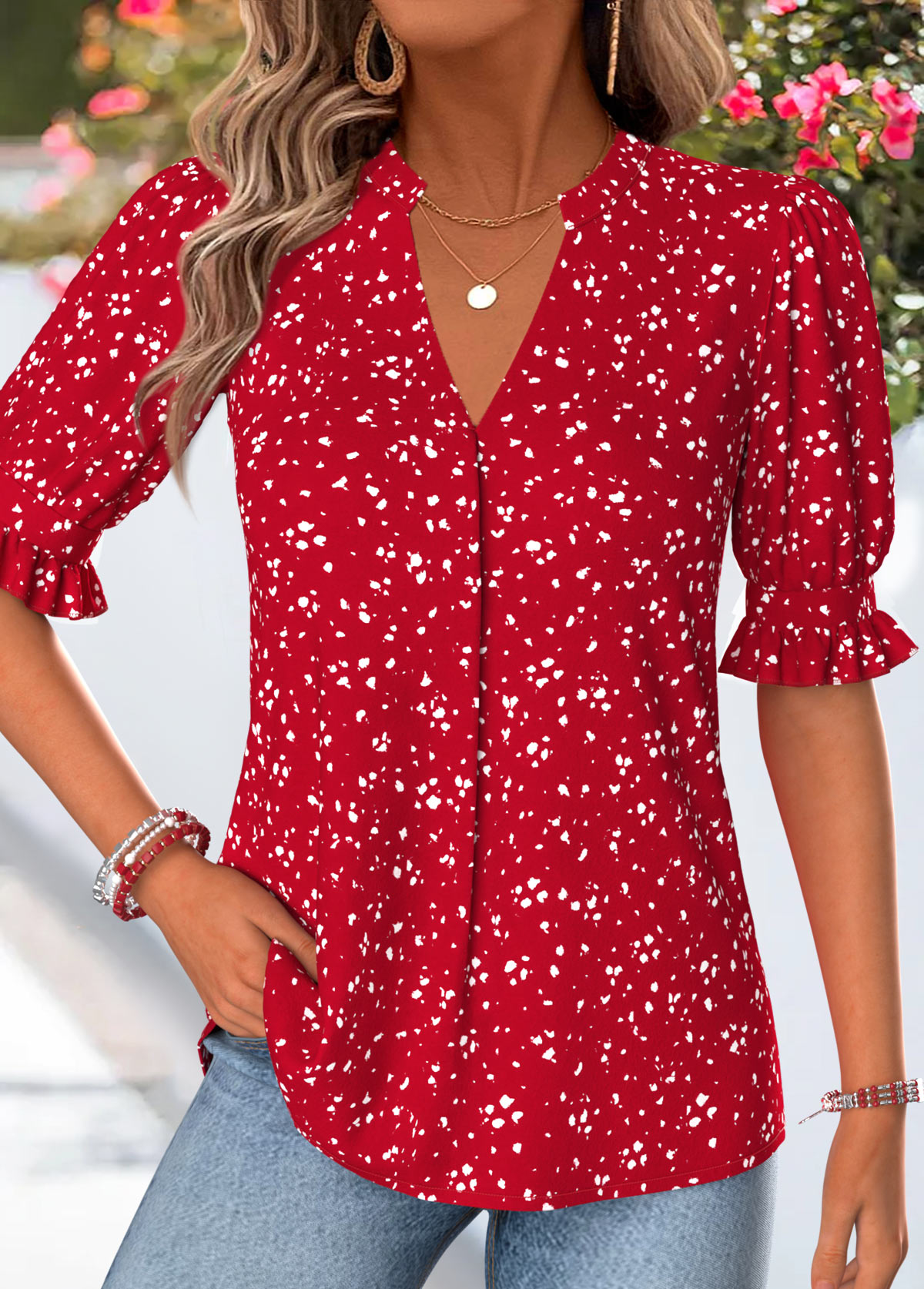 Modlily Red Geometric Print Shirred Half Sleeve Split Neck Blouse - M