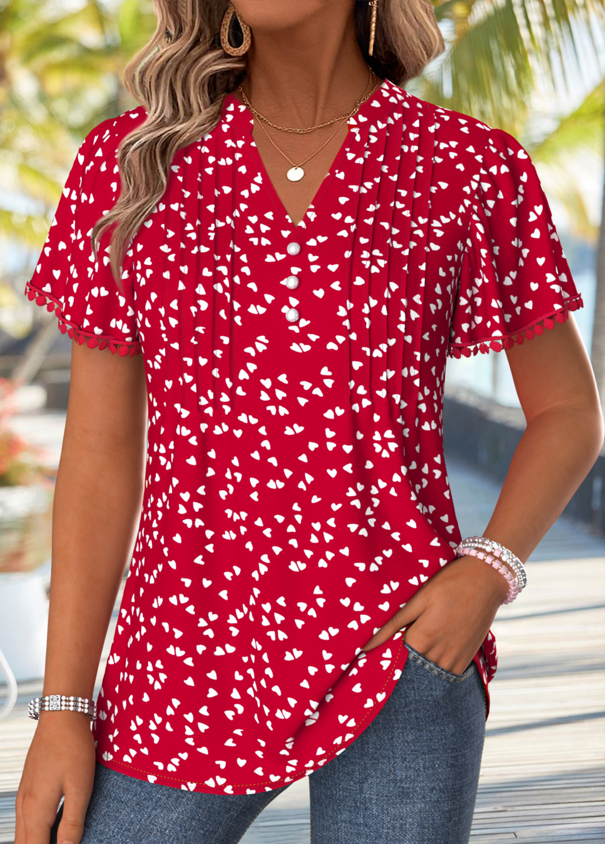 Modlily Red Heart Print Curved Hem Short Sleeve T Shirt - S