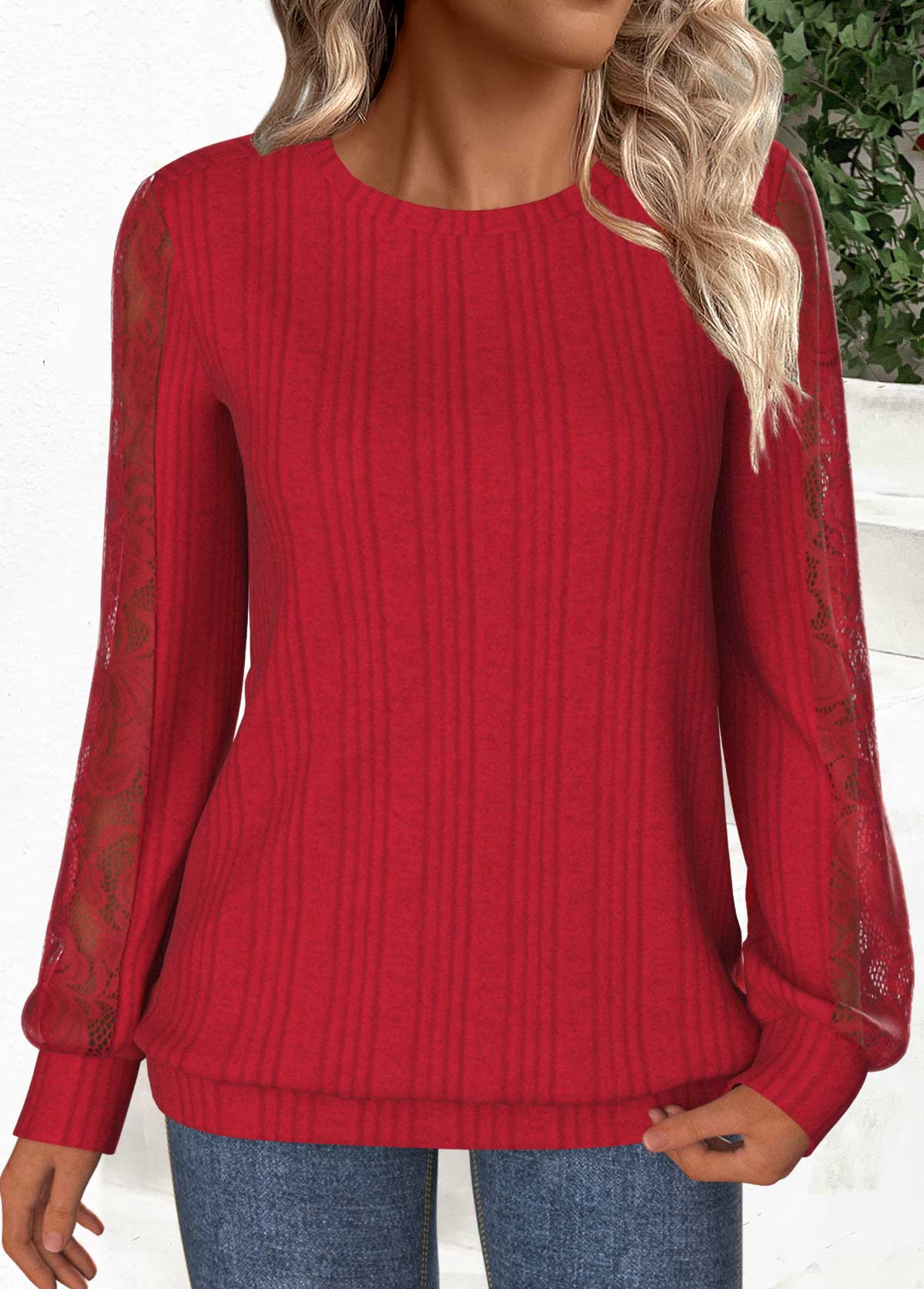 Modlily Red Lace Long Sleeve Round Neck Sweatshirt - M