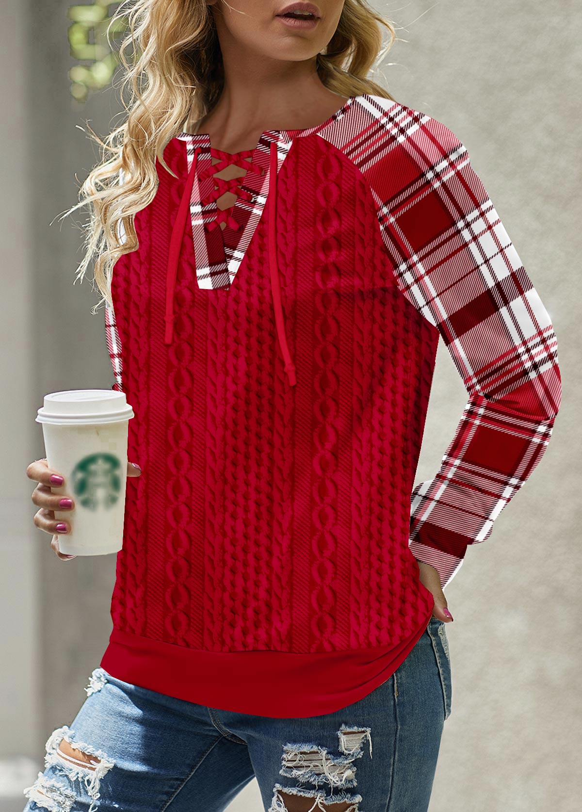 Modlily Red Lace Up Plaid Long Sleeve Split Neck Sweatshirt - XXL