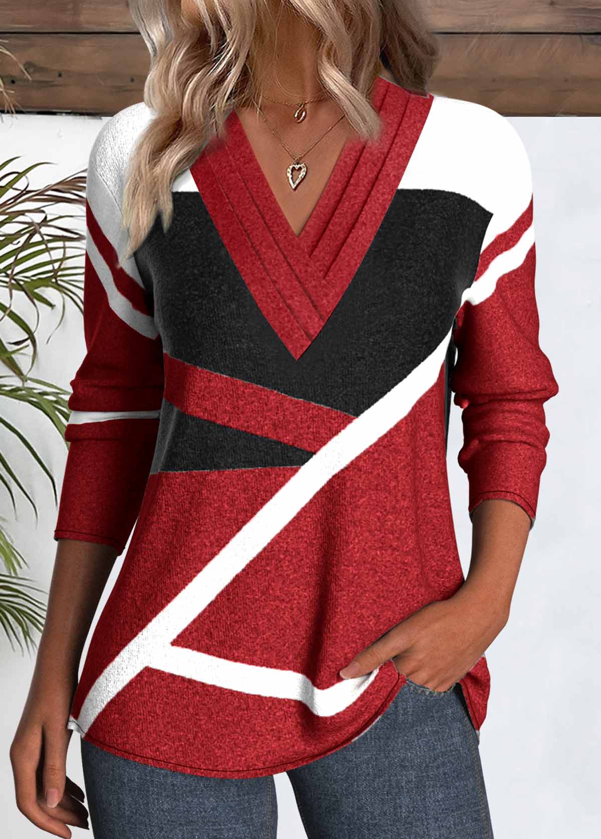 Modlily Red Patchwork Geometric Print Long Sleeve T Shirt - XXL