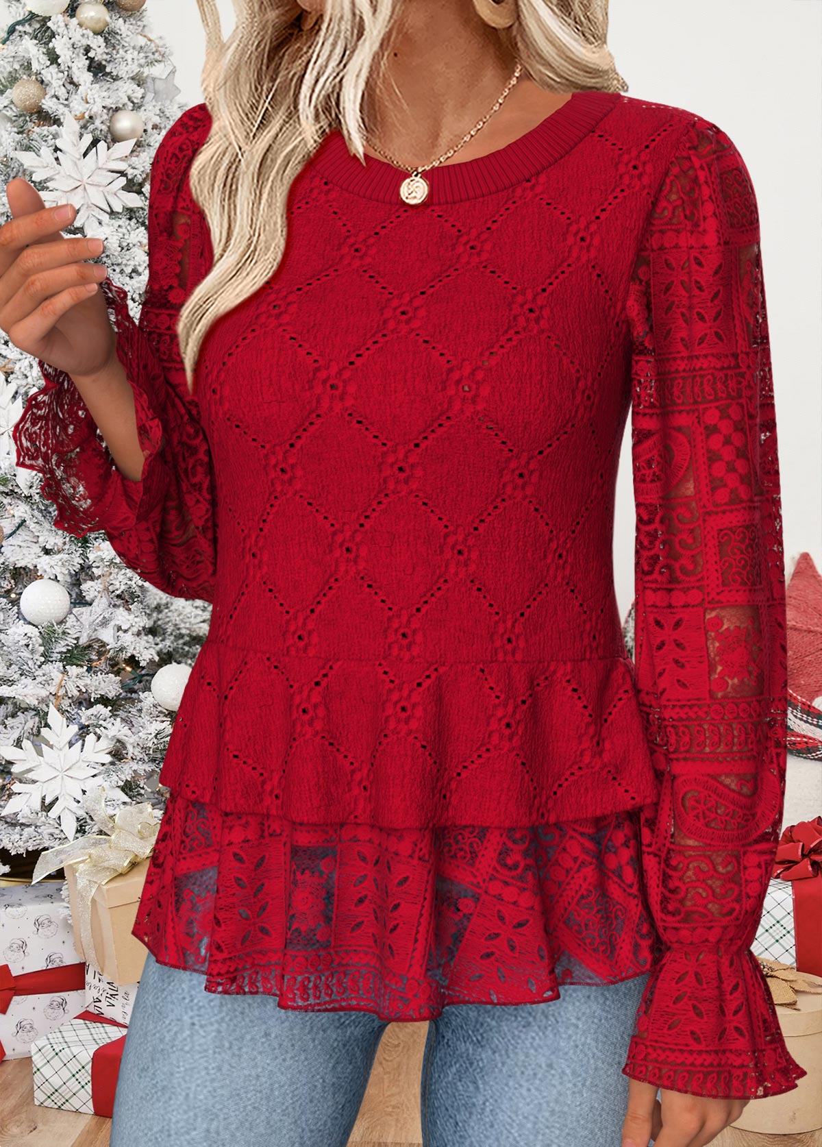 Modlily Red Patchwork Long Sleeve Round Neck Shirred Blouse - M
