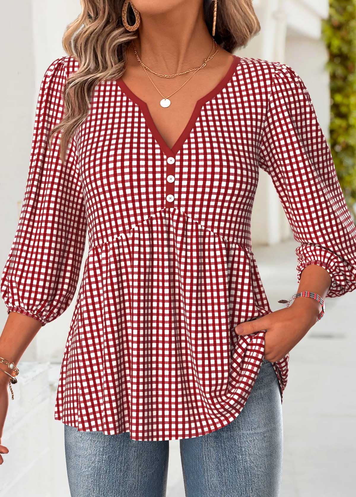 Modlily Red Plaid 3/4 Sleeve Split Neck Blouse - L
