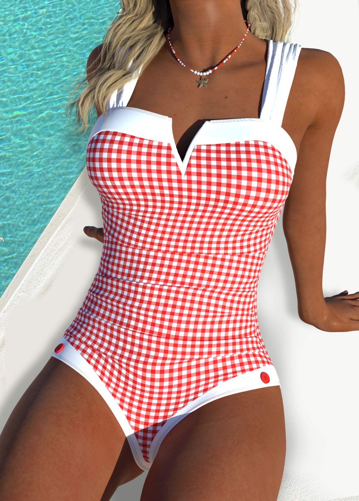 Modlily Red Plaid Bandeau One Piece Swimwear - S