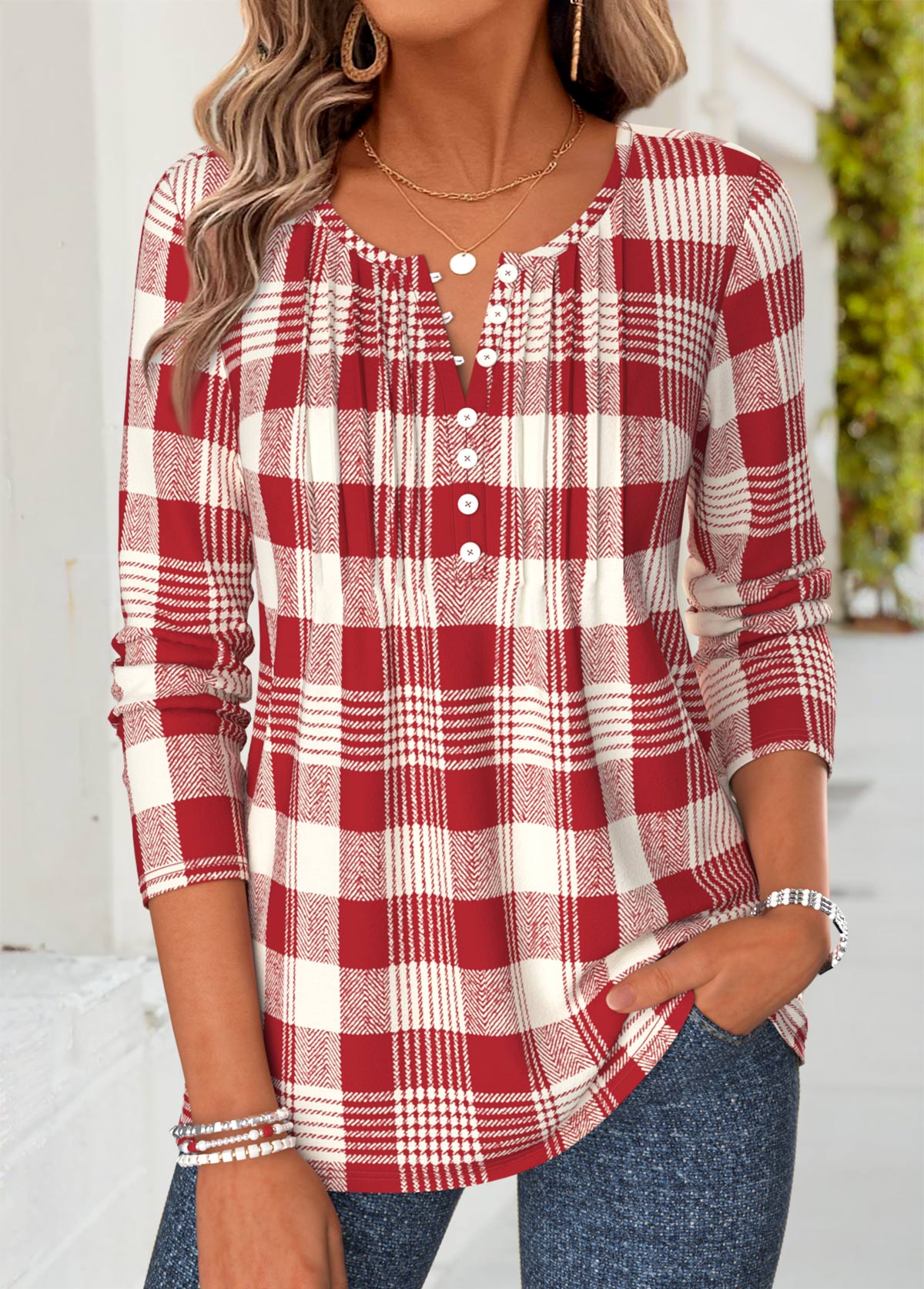 Modlily Red Plaid Tuck Stitch Long Sleeve T Shirt - S