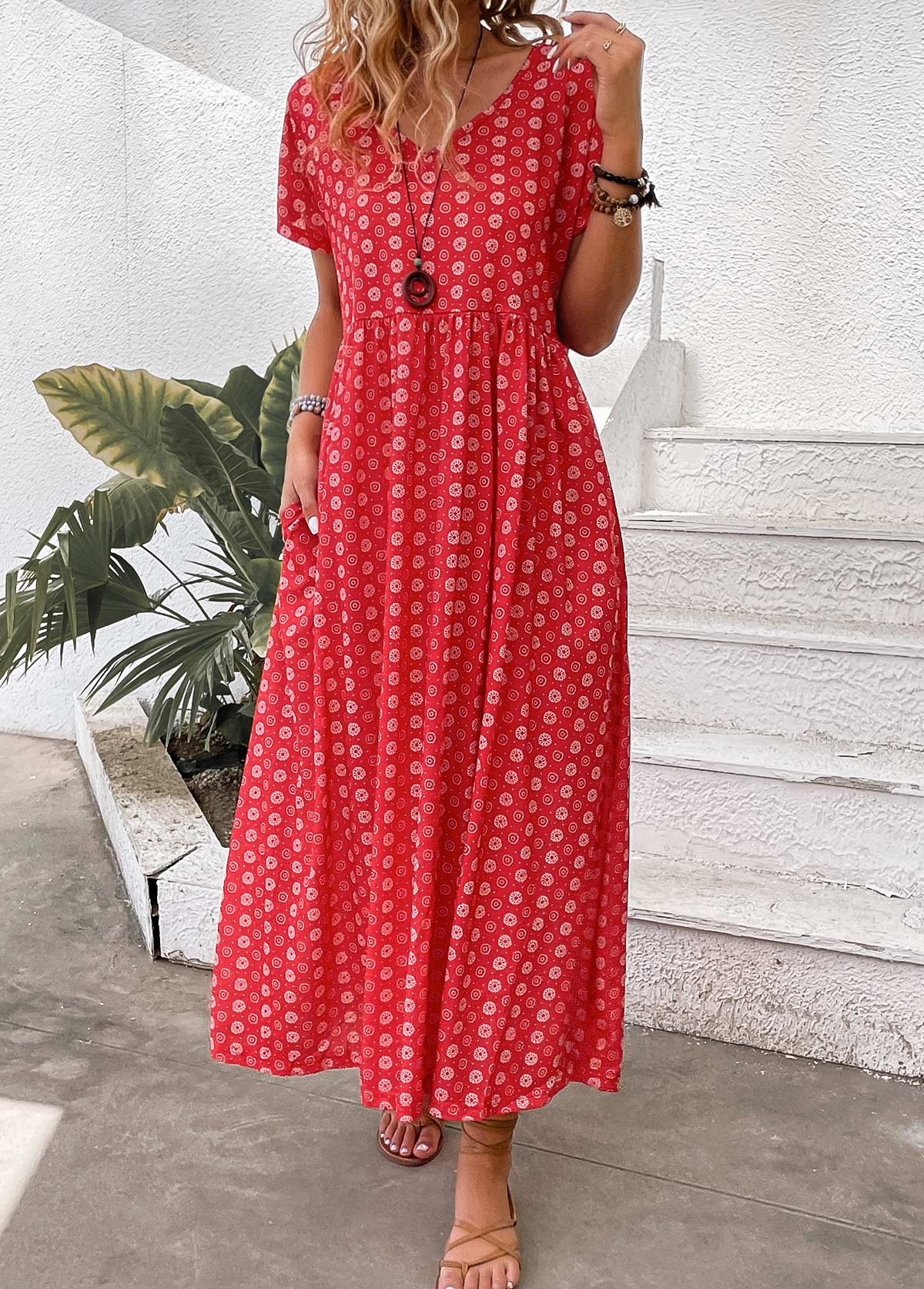 Modlily Red Pocket Geometric Print Maxi A Line Dress - M