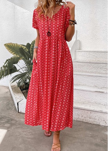 Modlily Red Pocket Geometric Print Maxi A Line Dress - S
