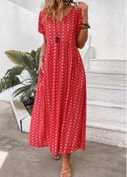 Modlily Red Pocket Geometric Print Maxi A Line Dress - S