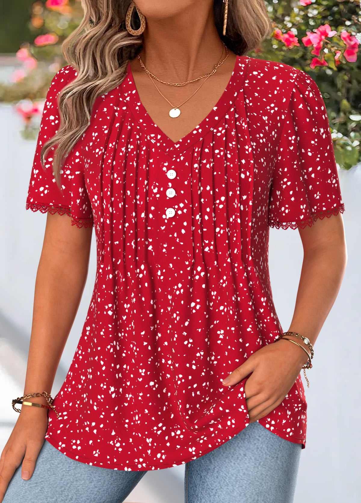 Modlily Red Polka Dot Curved Hem Short Sleeve T Shirt - XXL